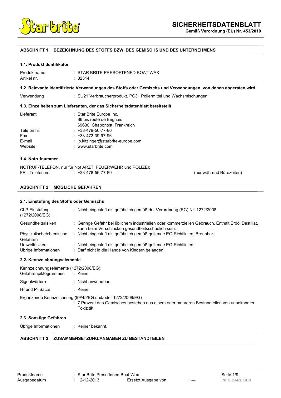 Titelseite Sicherheitsdatenblatt STAR BRITE PRESOFTENED BOAT WAX (13-SBOATWAX)