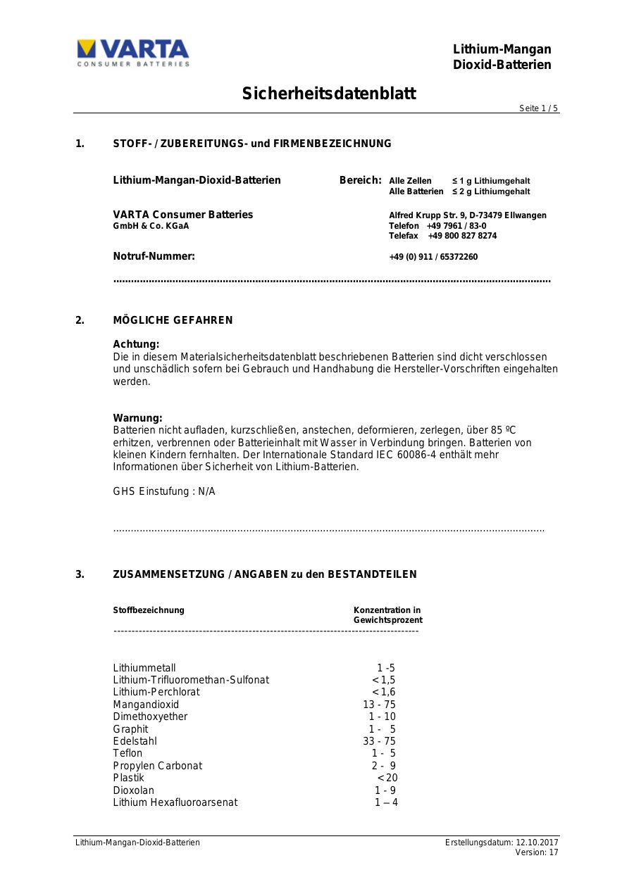 Titelseite Sicherheitsdatenblatt Varta 10-VLR03LIT