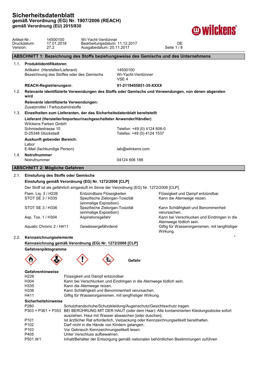 Titelseite Sicherheitsdatenblatt Wi-Yacht-Verdünner (13-WVYACHT)