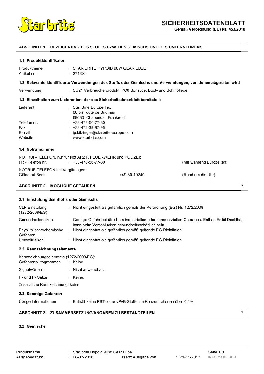 Titelseite Sicherheitsdatenblatt STAR BRITE HYPOID 90W GEAR LUBE (11-GEAROIL)