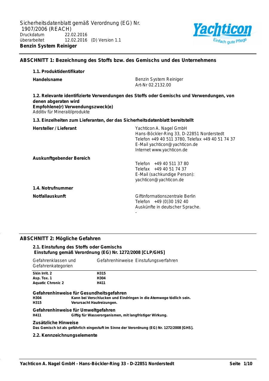 Titelseite Sicherheitsdatenblatt Benzin System Reiniger (13-YBENZINR)