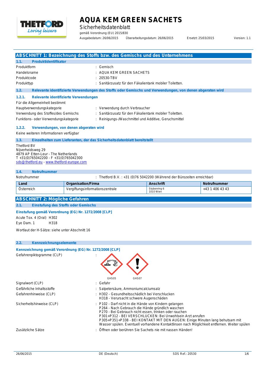 Titelseite Sicherheitsdatenblatt AQUA KEM GREEN SACHETS (18-AKSGREEN)