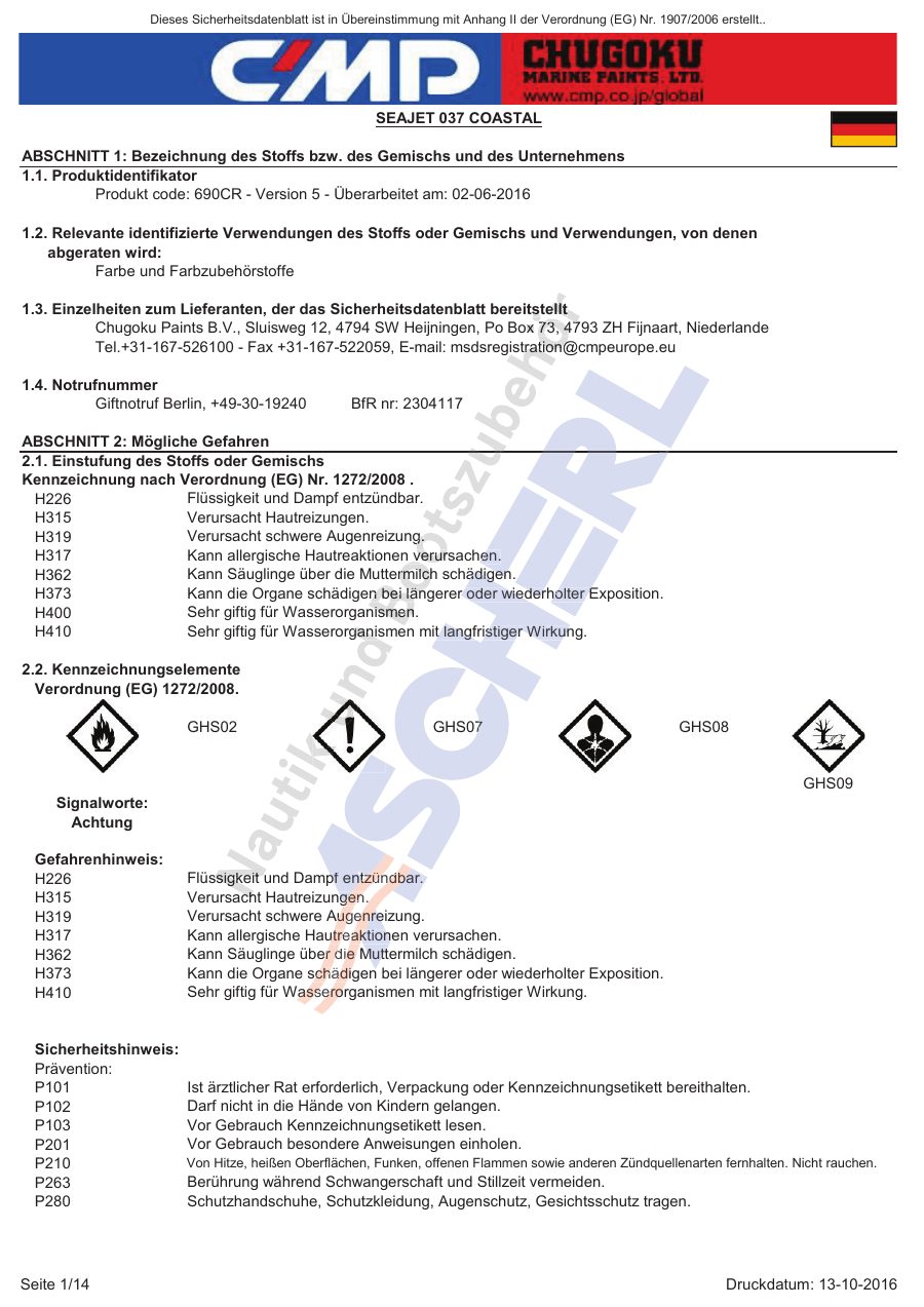 Titelseite Sicherheitsdatenblatt SEAJET 037 COASTAL (13-SJ03725)