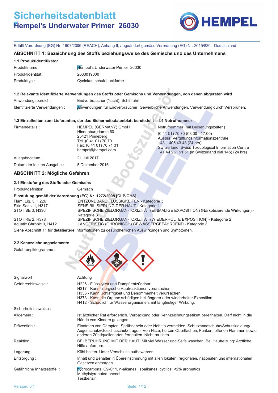 Titelseite Sicherheitsdatenblatt Hempel's Underwater Primer 26030 (13-HUWPRI25)