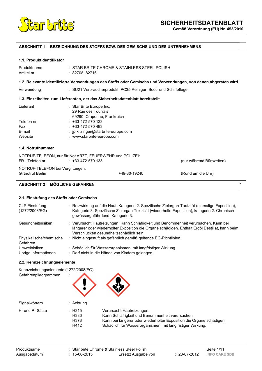 Titelseite Sicherheitsdatenblatt STAR BRITE CHROME & STAINLESS STEEL POLISH (13-SCHROME)