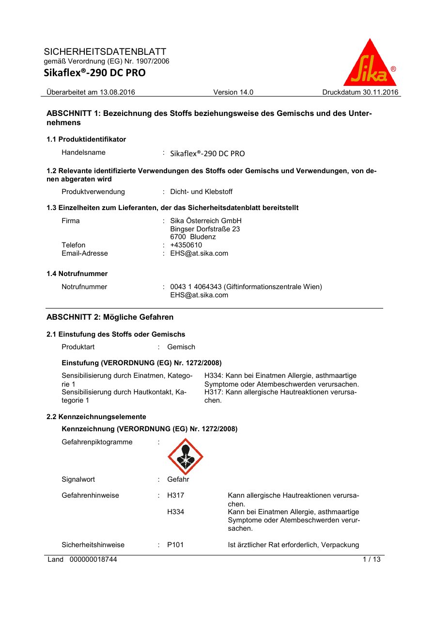 Titelseite Sicherheitsdatenblatt Sikaflex®-290 DC PRO (13-SF290S)