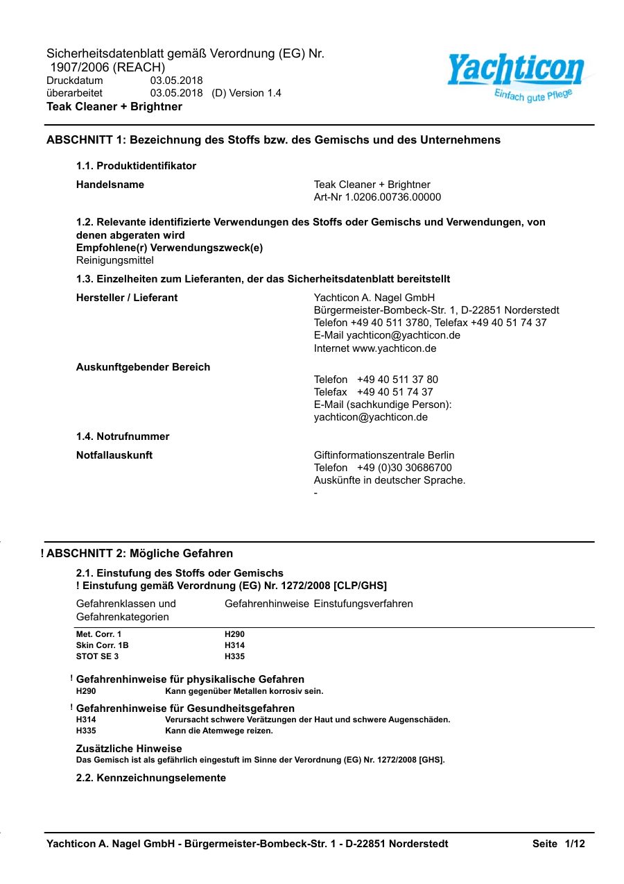 Titelseite Sicherheitsdatenblatt Teak Cleaner + Brightner (13-YTEAKCB)