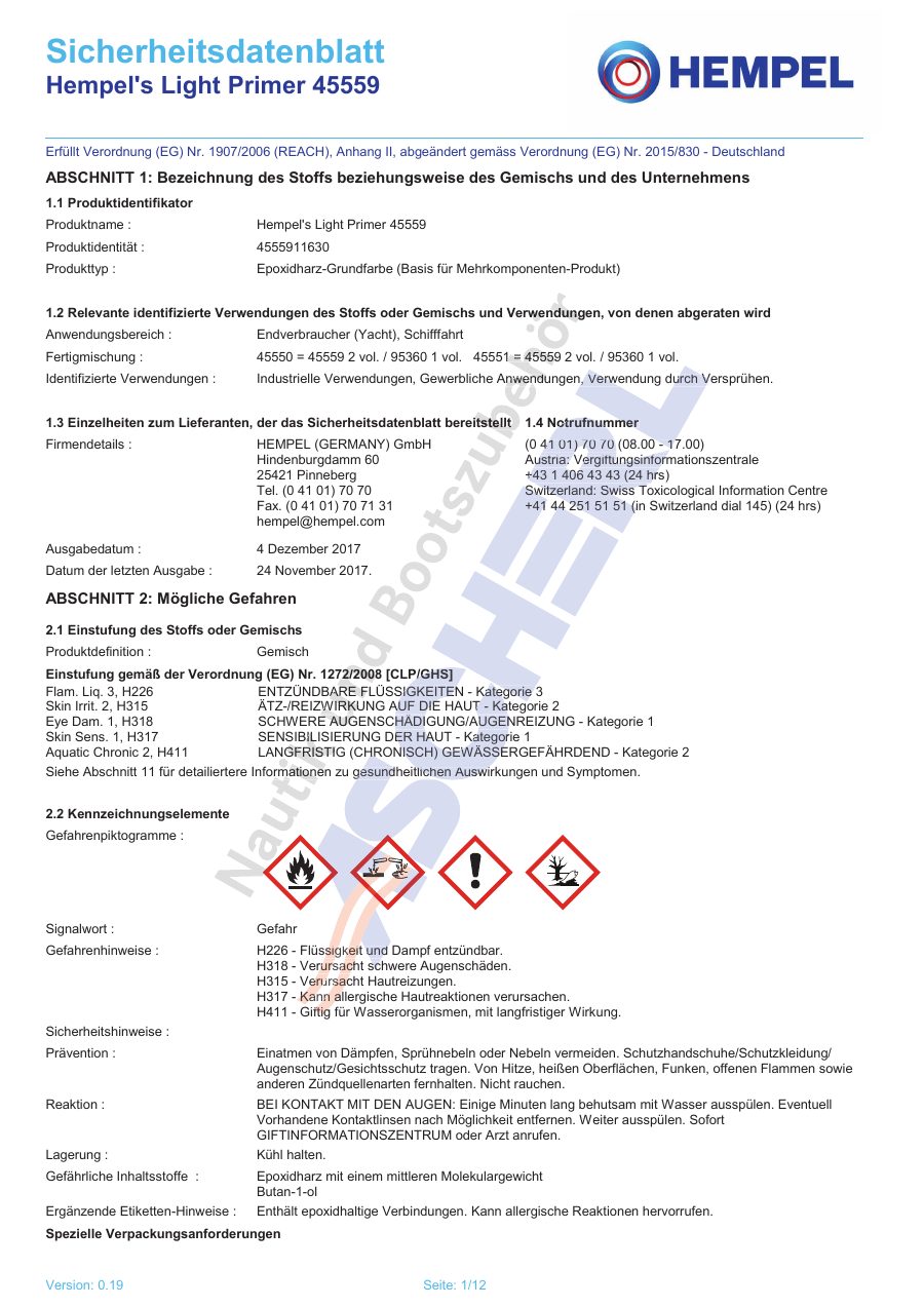 Titelseite Sicherheitsdatenblatt Hempel's Light Primer 45559 (13-HLIGHT2B_Base)