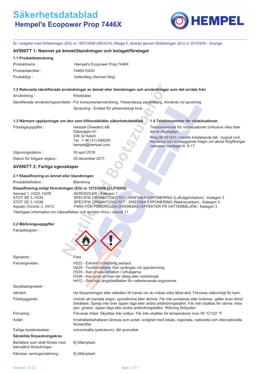 Titelseite Sicherheitsdatenblatt Hempel 13-HECOPROG