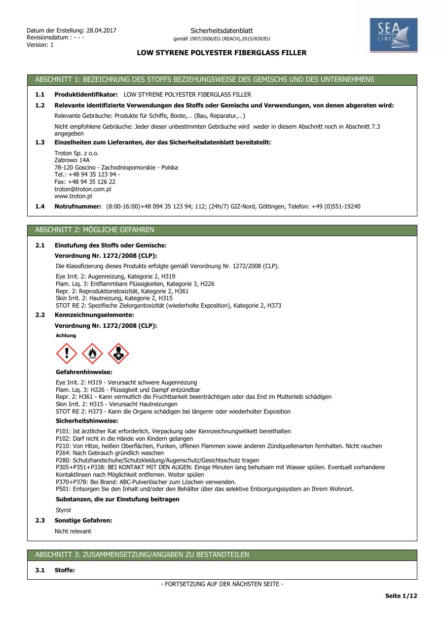 Titelseite Sicherheitsdatenblatt LOW STYRENE POLYESTER FIBERGLASS FILLER