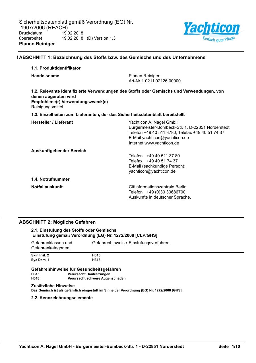 Titelseite Sicherheitsdatenblatt Planen Reiniger (13-YPLANE)