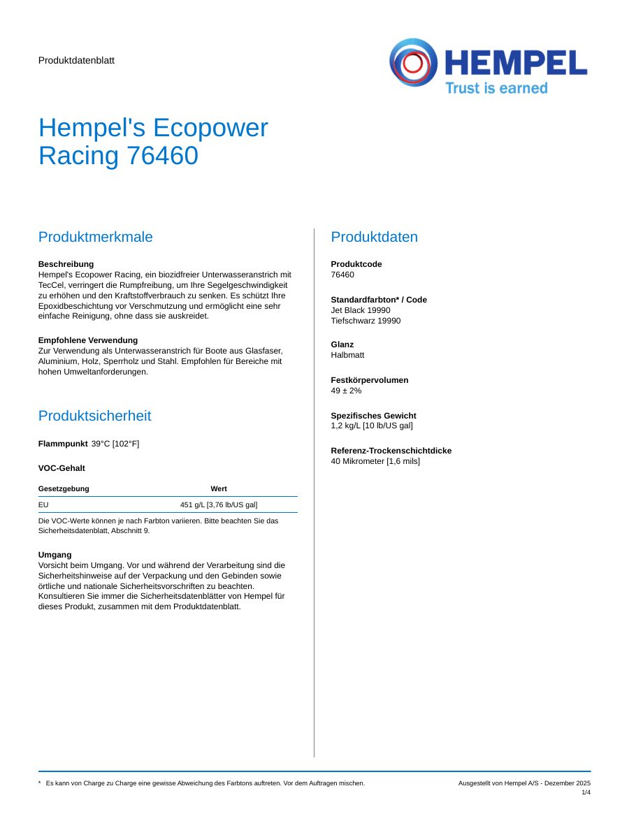 Titelseite Datenblatt Hempel's Ecopower Racing (76460)