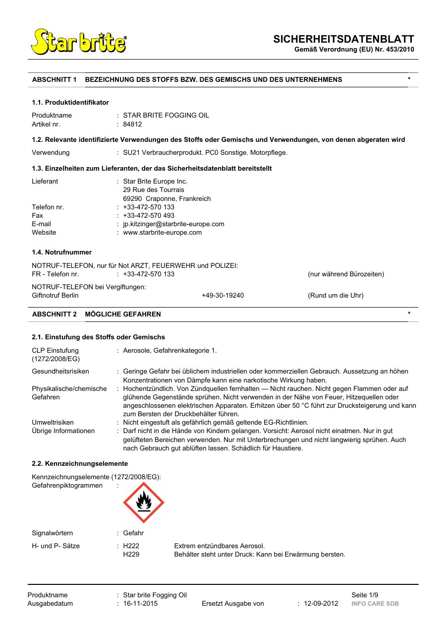 Titelseite Sicherheitsdatenblatt STAR BRITE FOGGING OIL (13-SFOGGING)