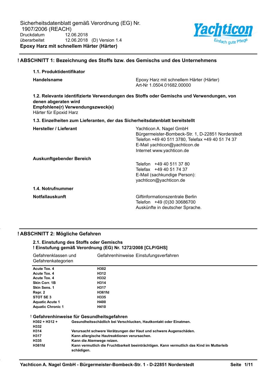 Titelseite Sicherheitsdatenblatt Epoxy Harz mit schnellem Härter (Härter) (13-EPO1500S_Härter)
