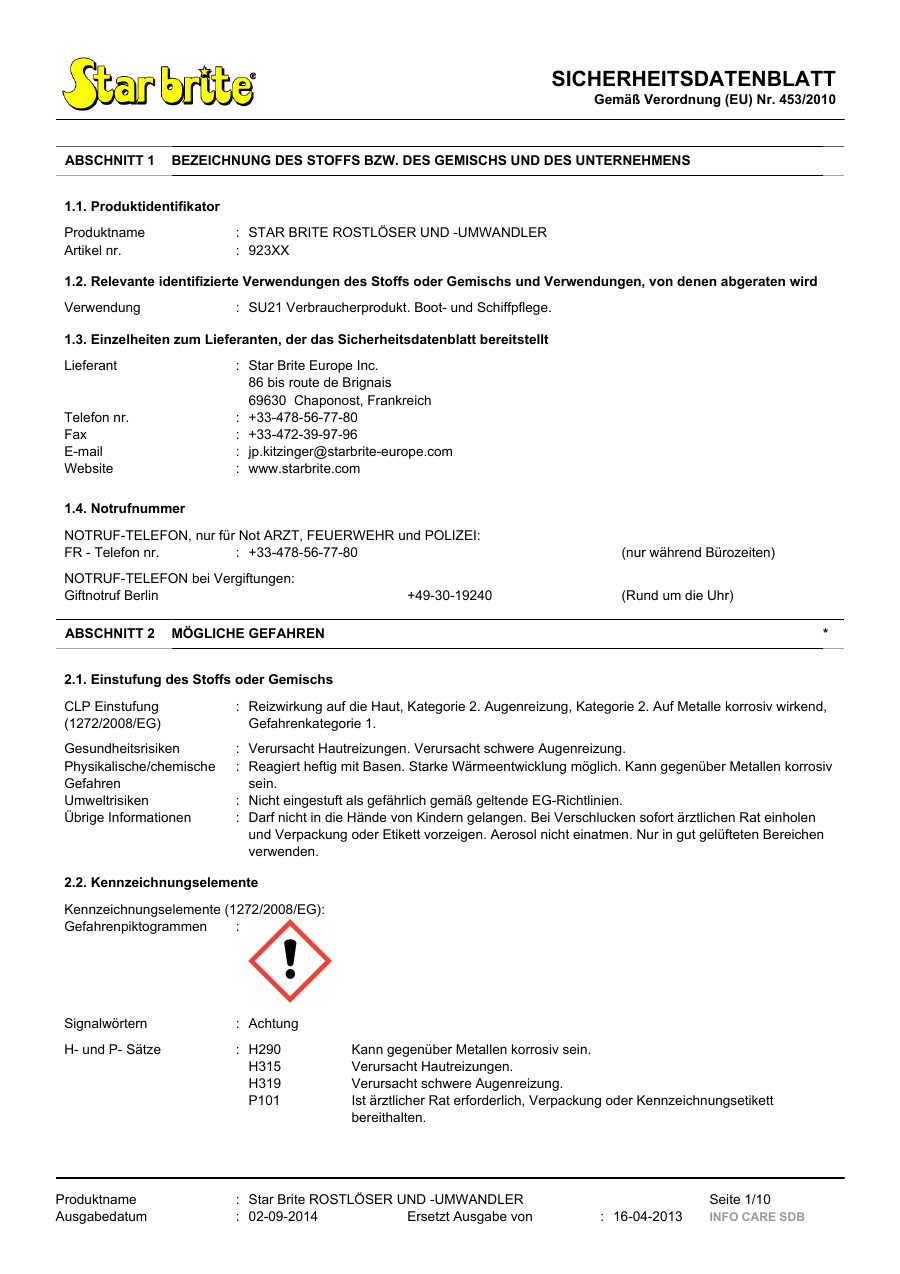 Titelseite Sicherheitsdatenblatt STAR BRITE ROSTLÖSER UND -UMWANDLER (13-SRUSTEAT)
