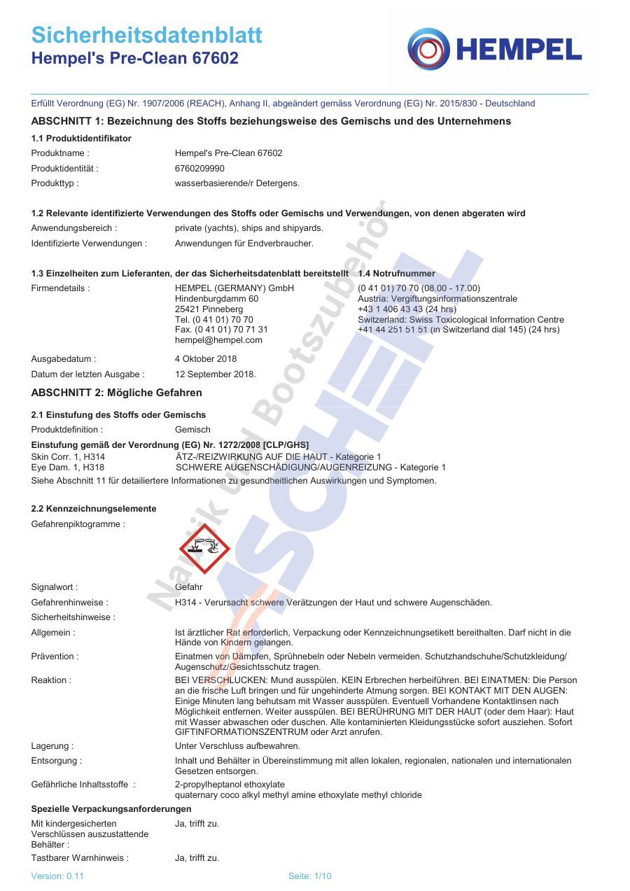 Titelseite Sicherheitsdatenblatt Hempel's Pre-Clean 67602 (13-HPRECLEA)