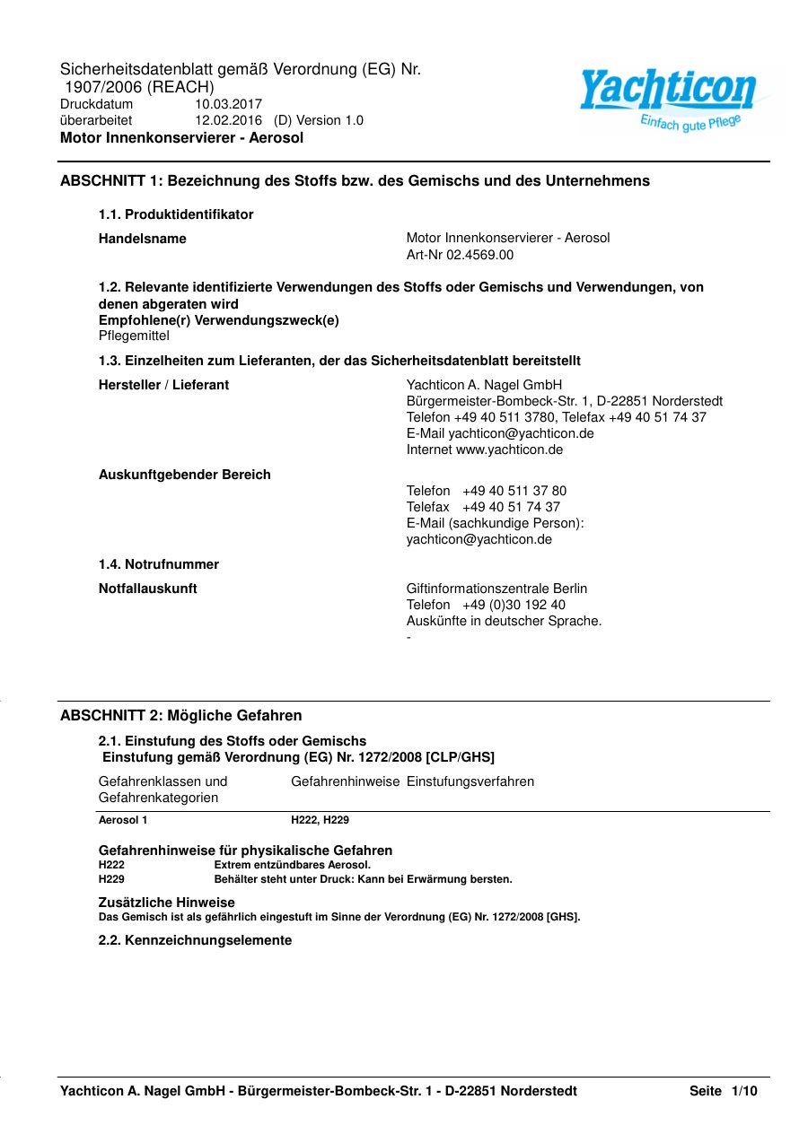Titelseite Sicherheitsdatenblatt Motor Innenkonservierer - Aerosol (13-YMOTORI)