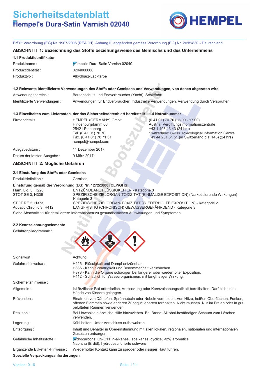 Titelseite Sicherheitsdatenblatt Hempel's Dura-Satin Varnish 02040 (13-HDURAS75)