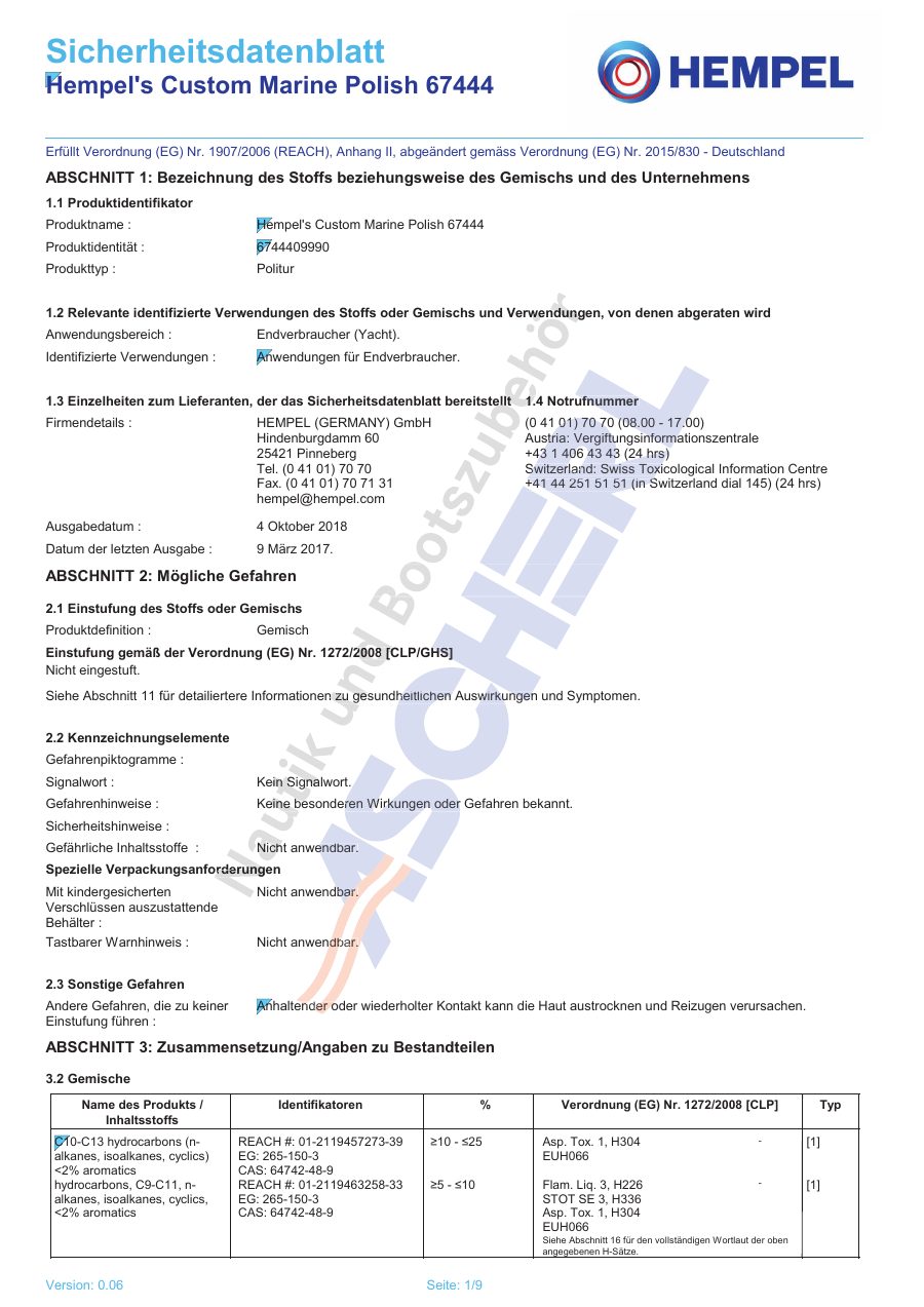 Titelseite Sicherheitsdatenblatt Hempel's Custom Marine Polish 67444 (13-HCUST500)