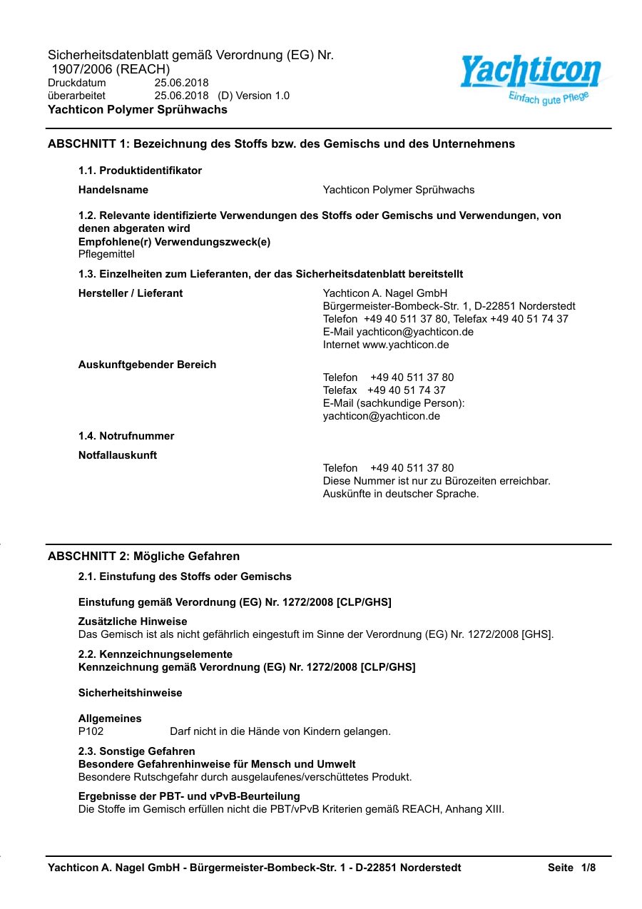 Titelseite Sicherheitsdatenblatt Yachticon Polymer Sprühwachs (13-YPOLYMER)
