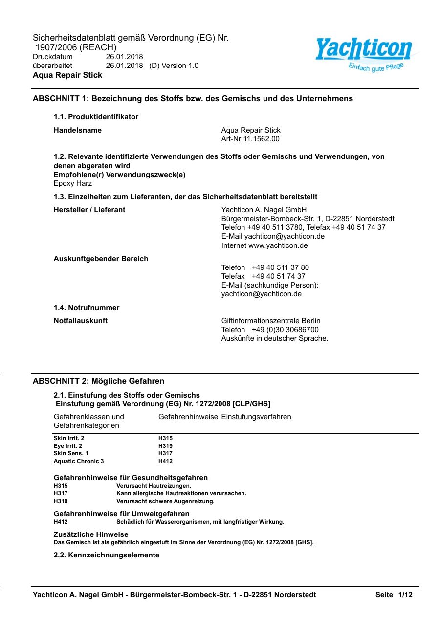 Titelseite Sicherheitsdatenblatt Aqua Repair Stick (13-YAQUA)