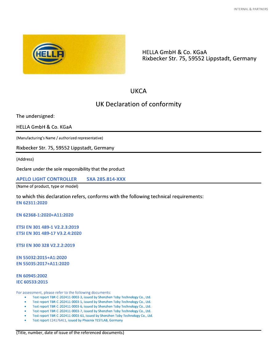 Titelseite Zertifikat Sonstiges UKCA DoC 285 814 xxx Apelo Light Controller 202503 05