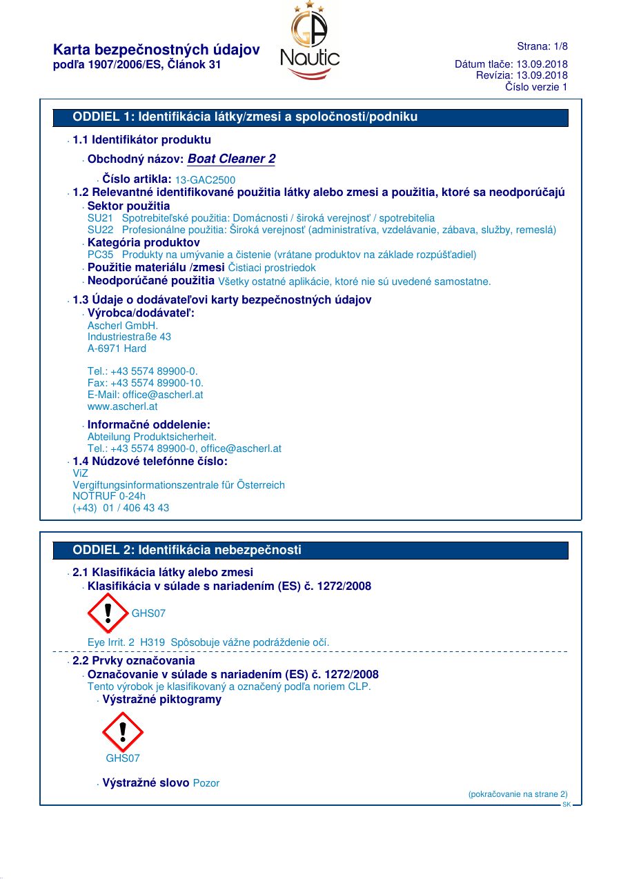 Titelseite Sicherheitsdatenblatt GA Nautic 13-GAC2500_SK