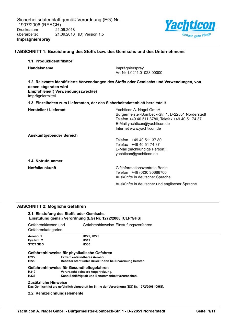 Titelseite Sicherheitsdatenblatt Imprägnierspray (13-YIMPRÄGS)