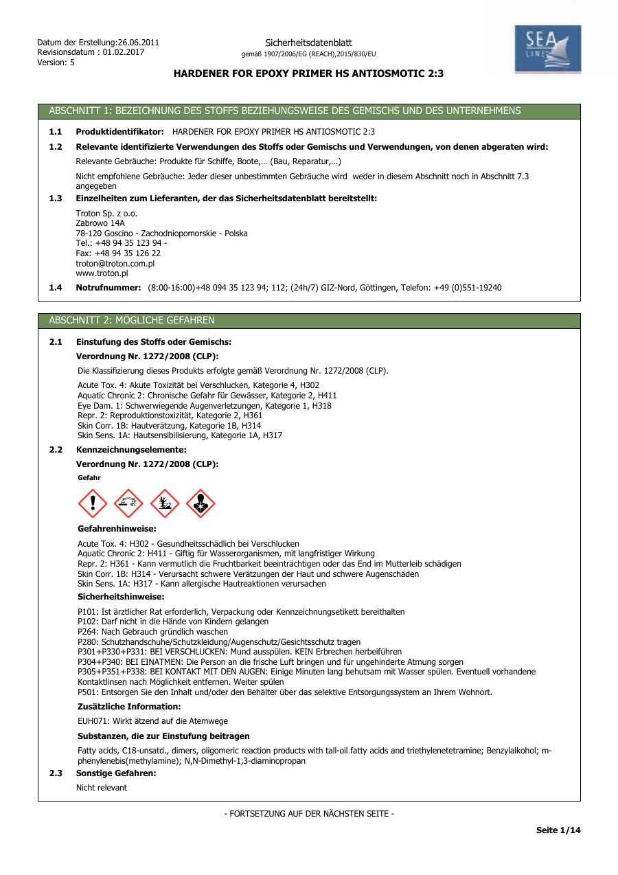 Titelseite Sicherheitsdatenblatt HARDENER FOR EPOXY PRIMER HS ANTIOSMOTIC 2:3