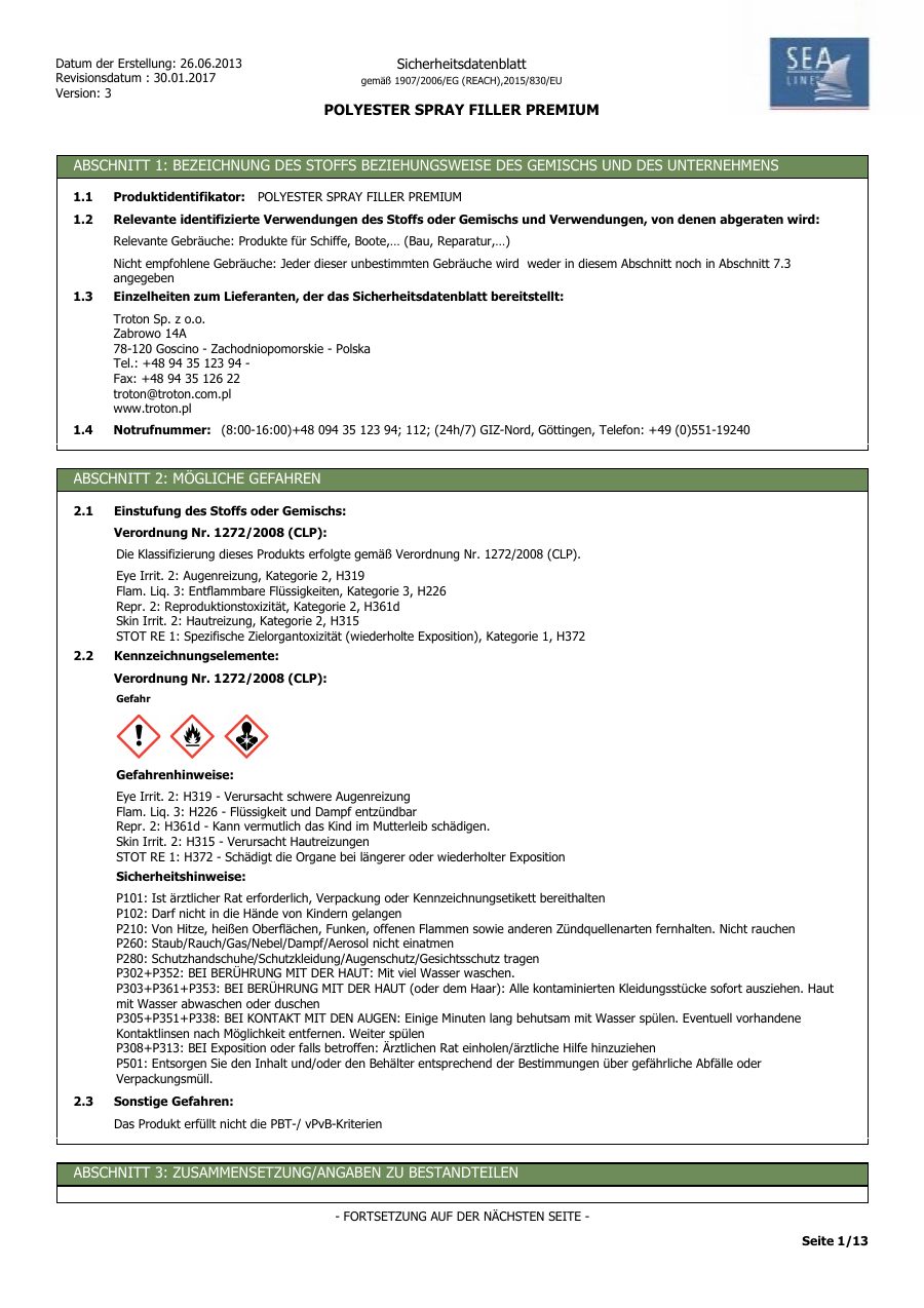 Titelseite Sicherheitsdatenblatt POLYESTER SPRAY FILLER PREMIUM