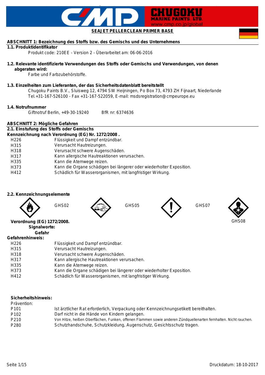 Titelseite Sicherheitsdatenblatt SEAJET PELLERCLEAN PRIMER BASE (13-SJPELLER)