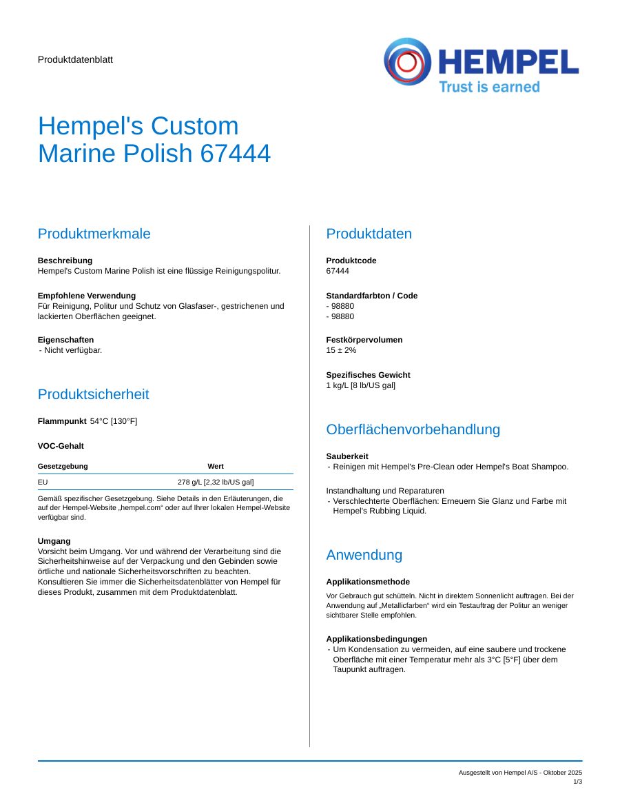 Titelseite Datenblatt Hempel's Custom Marine Polish (67444)