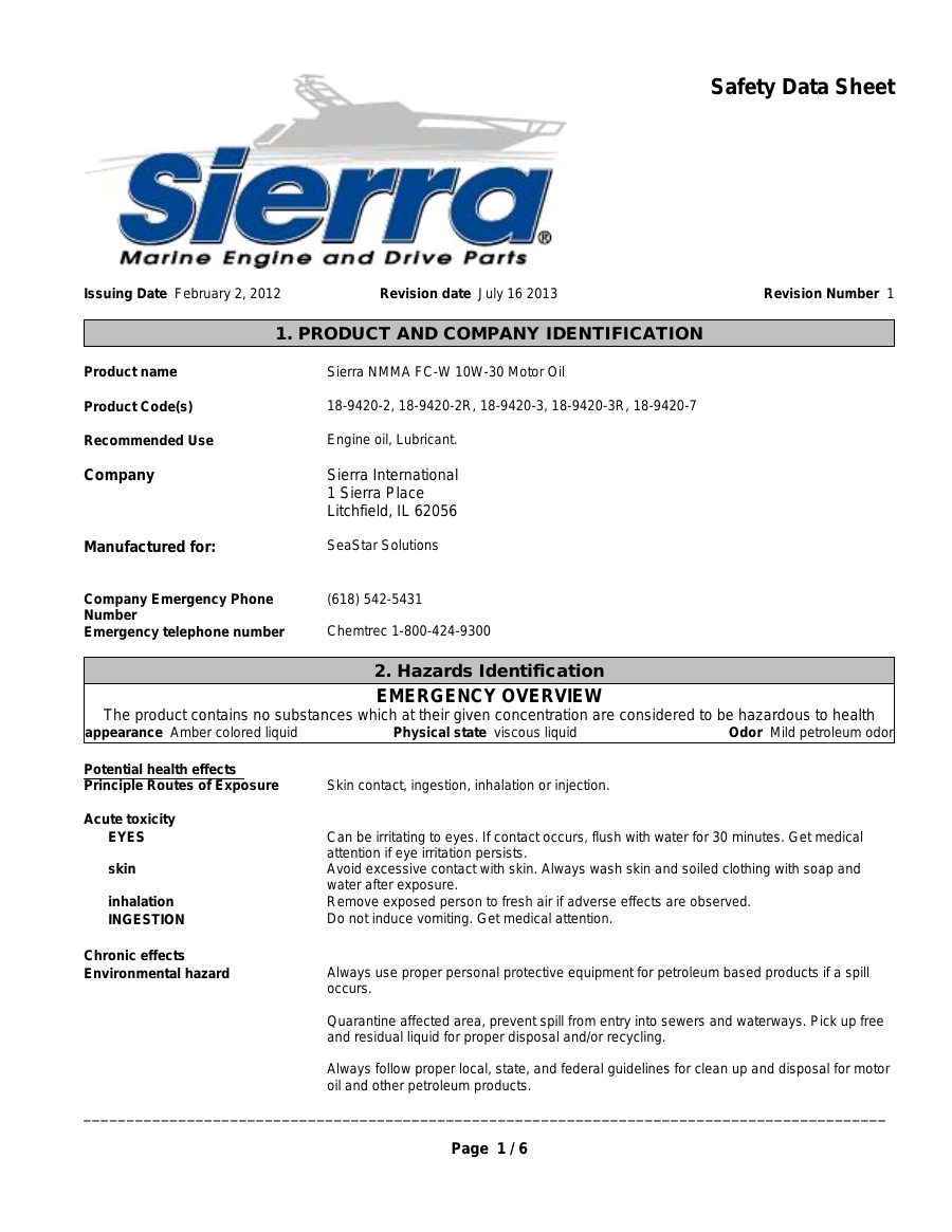 Titelseite Sicherheitsdatenblatt Sierra NMMA FC-W 10W-30 Motor Oil (11-S1894202)