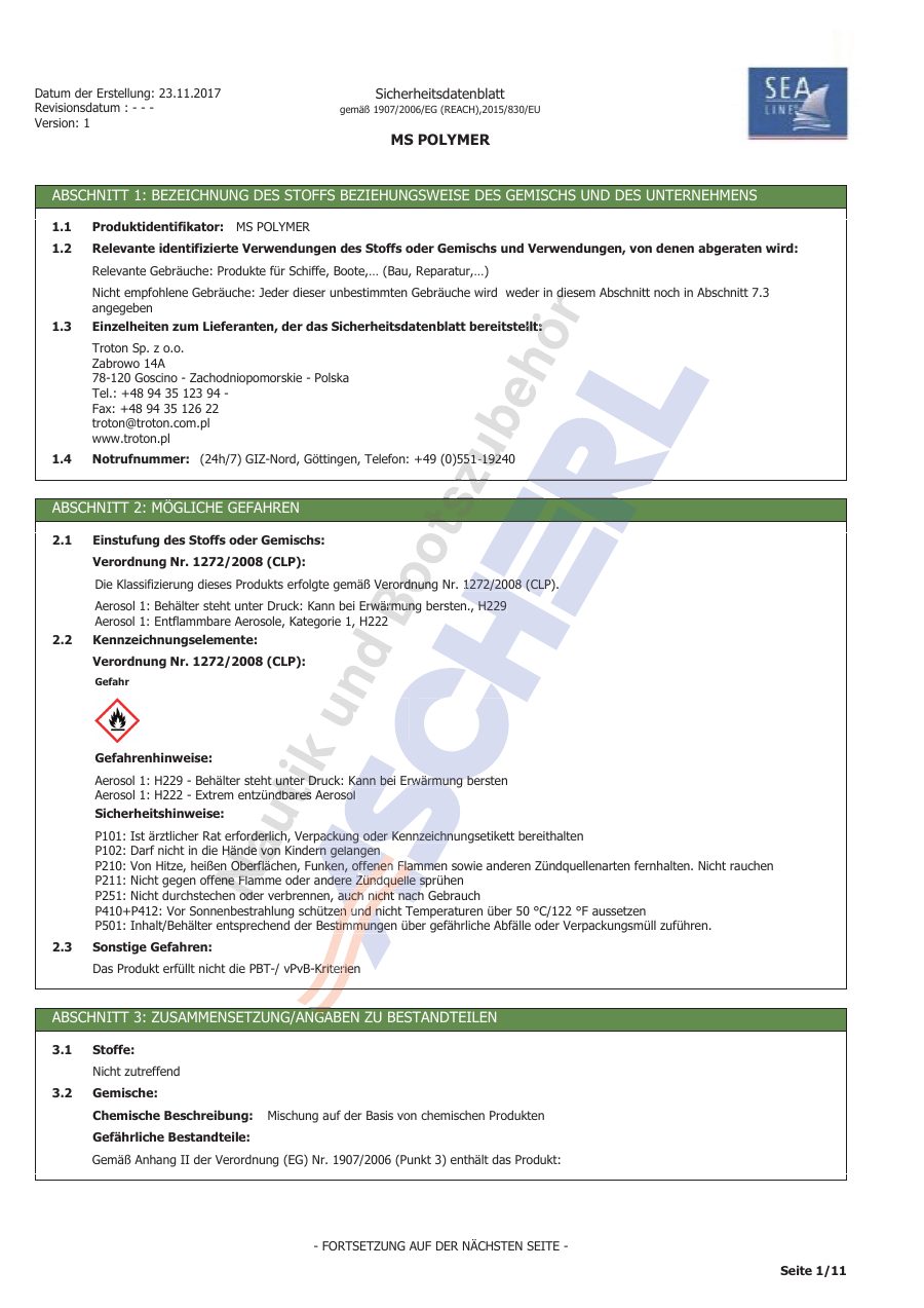 Titelseite Sicherheitsdatenblatt Sea-Line 13-SLMSP1W