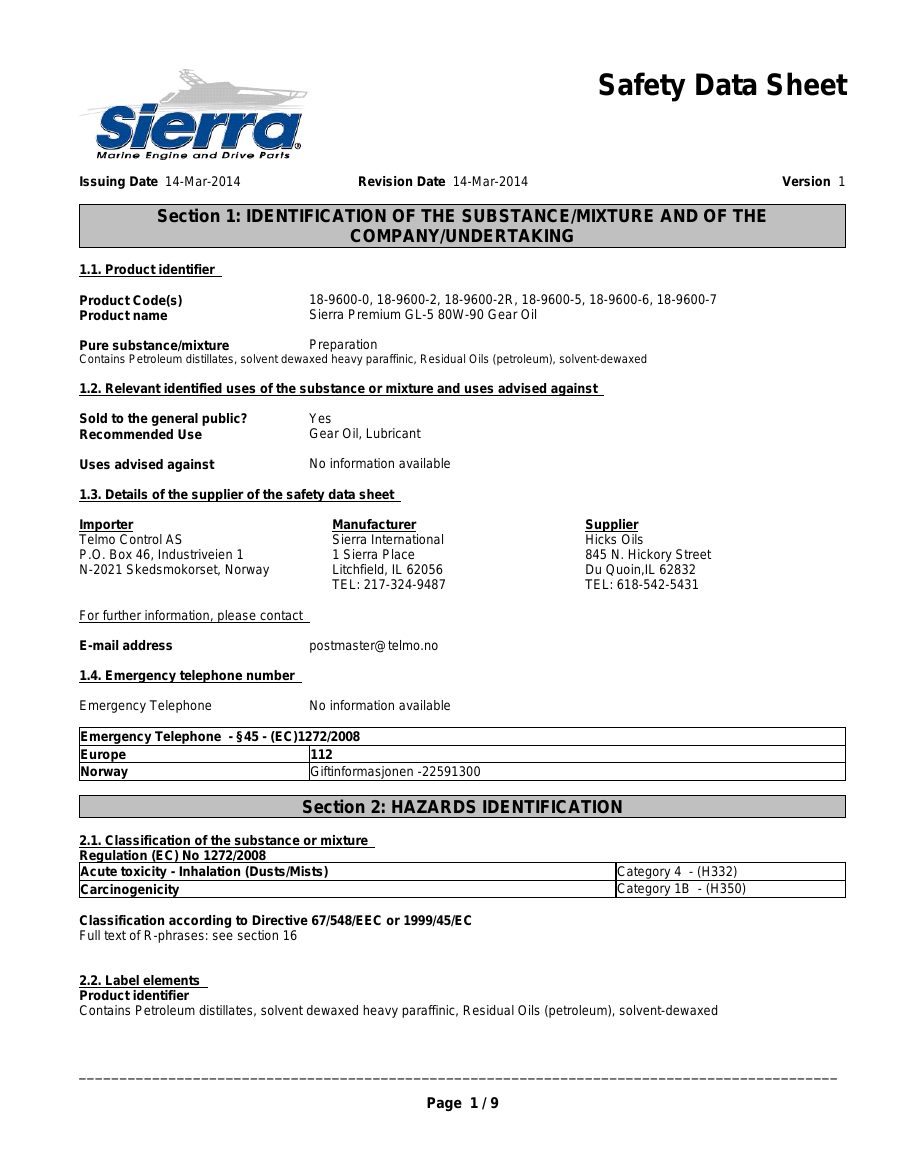 Titelseite Sicherheitsdatenblatt Sierra Premium GL-5 80W-90 Gear Oil