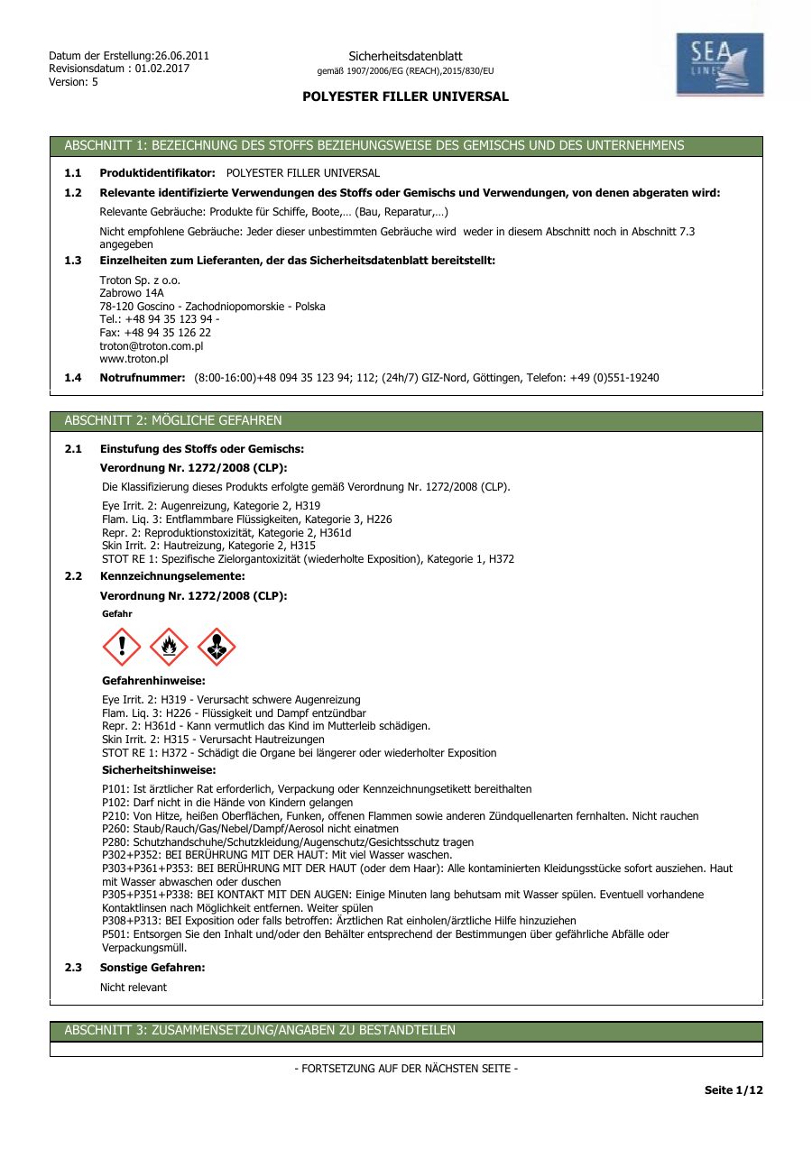 Titelseite Sicherheitsdatenblatt POLYESTER FILLER UNIVERSAL