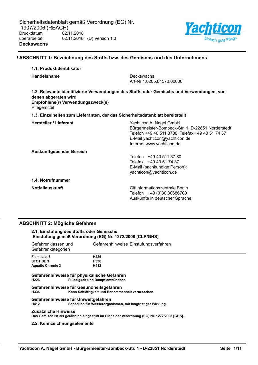 Titelseite Sicherheitsdatenblatt Deckswachs (13-YDECKWAC)