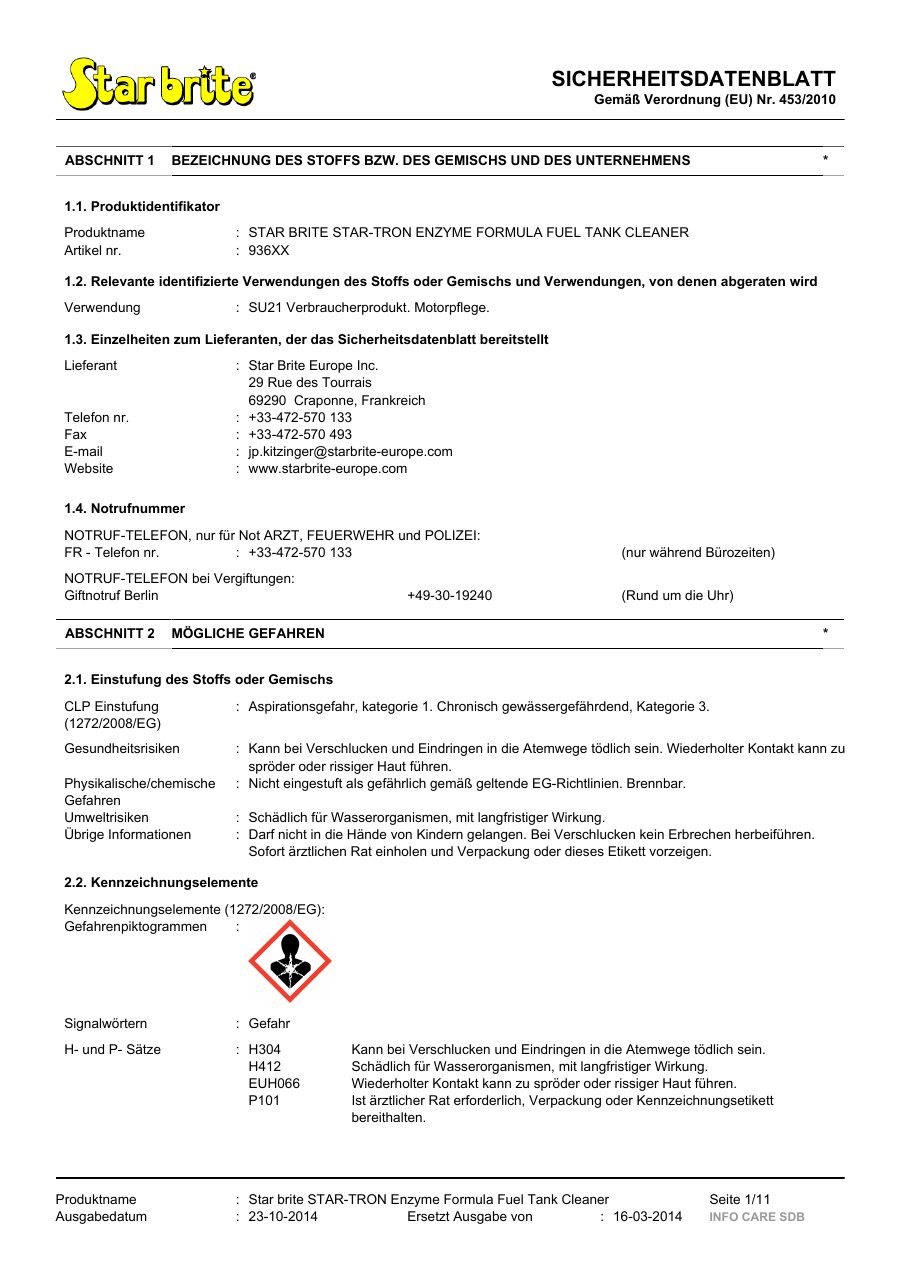 Titelseite Sicherheitsdatenblatt STAR BRITE STAR-TRON ENZYME FORMULA FUEL TANK CLEANER (11-STRONT64)