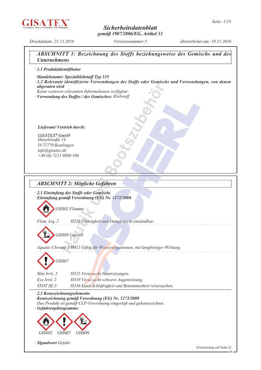 Titelseite Sicherheitsdatenblatt Spezialklebstoff Typ 135 (13-GISAK135)