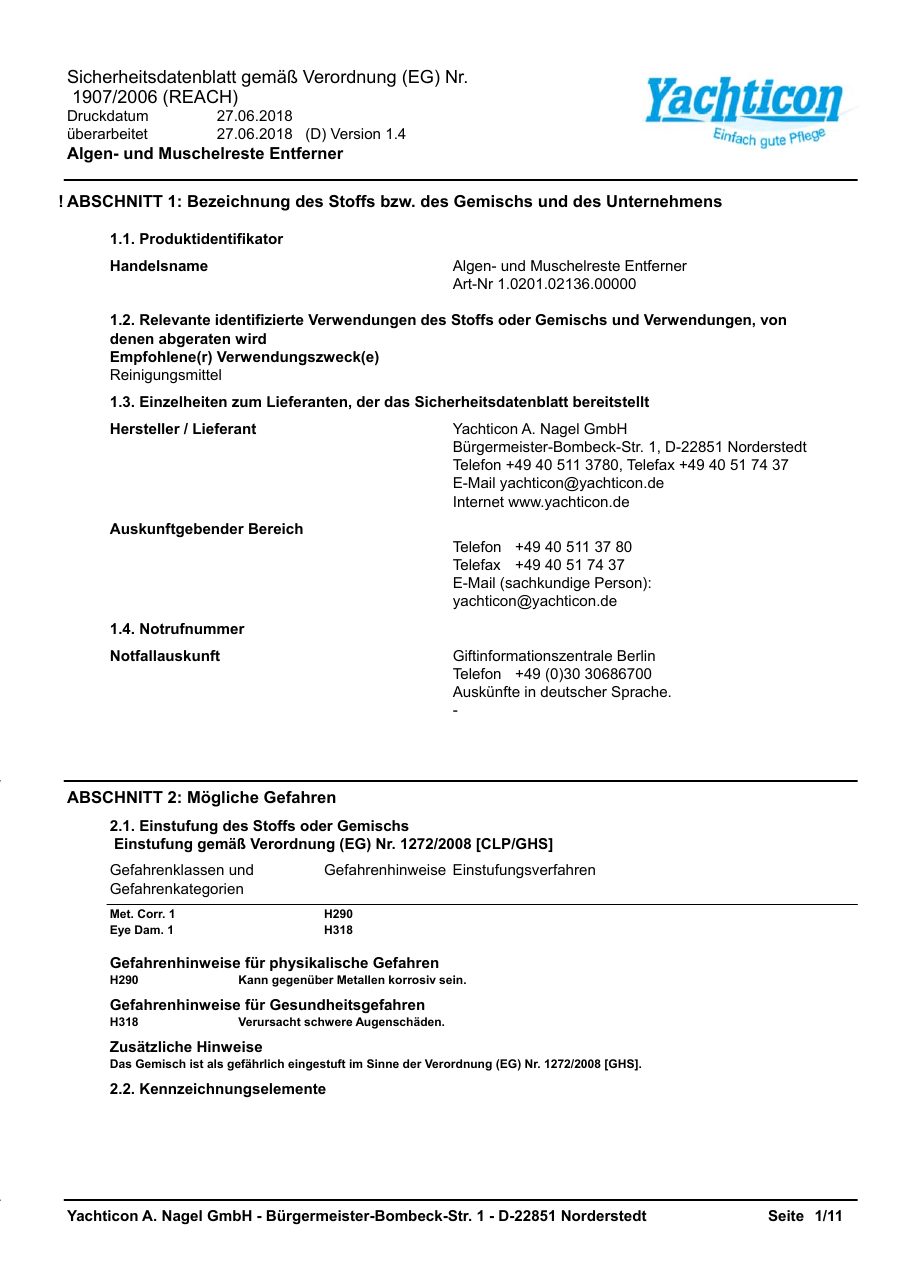Titelseite Sicherheitsdatenblatt Algen- und Muschelreste Entferner (13-YALGEN)