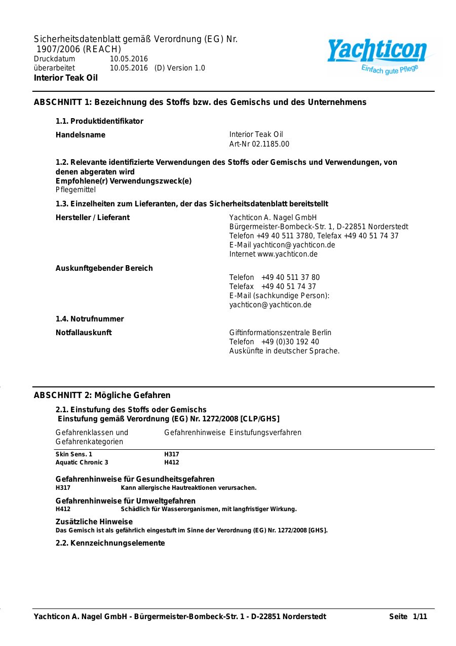 Titelseite Sicherheitsdatenblatt Interior Teak Oil (13-YTEAKOI)