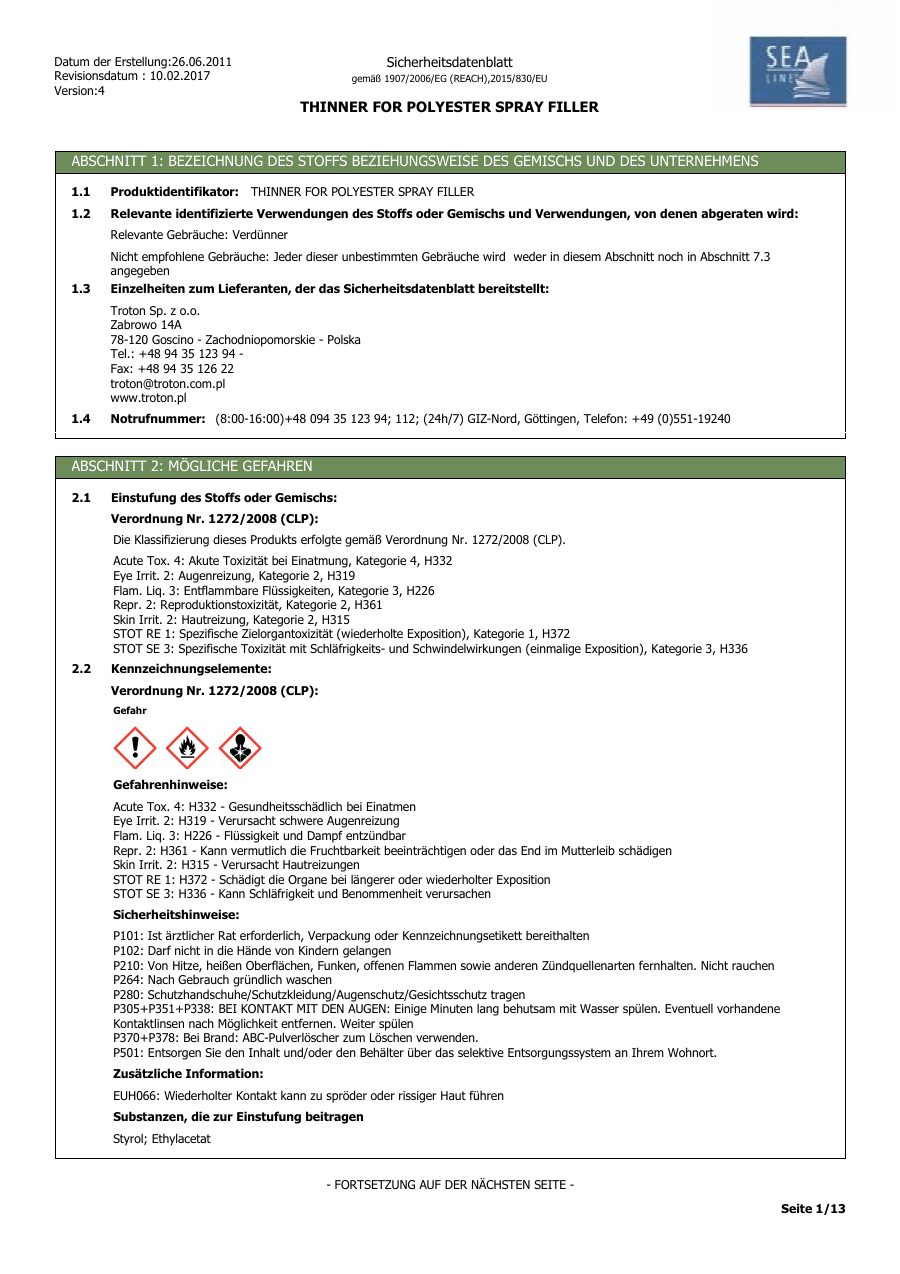 Titelseite Sicherheitsdatenblatt THINNER FOR POLYESTER SPRAY FILLER