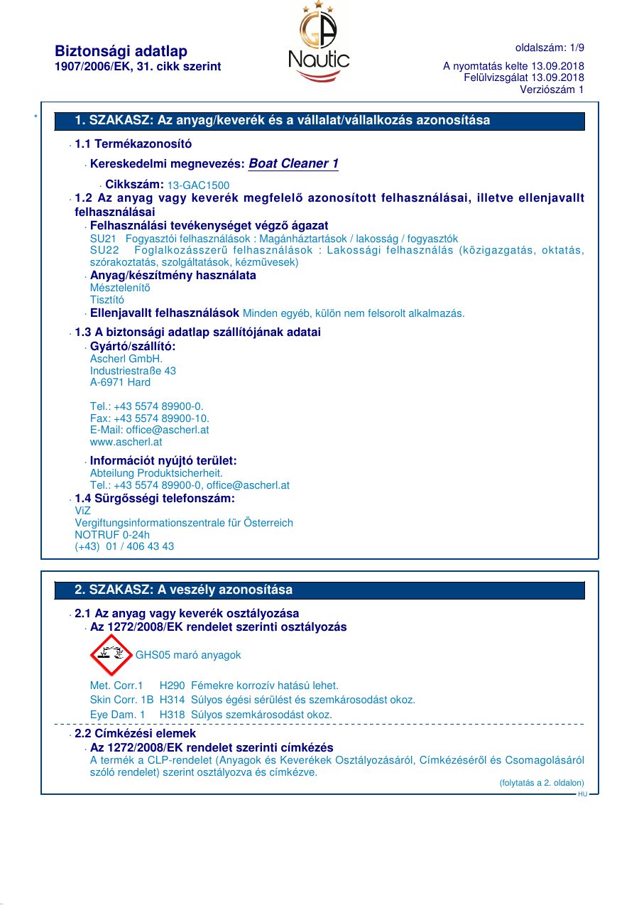 Titelseite Sicherheitsdatenblatt GA Nautic 13-GAC1500_HU