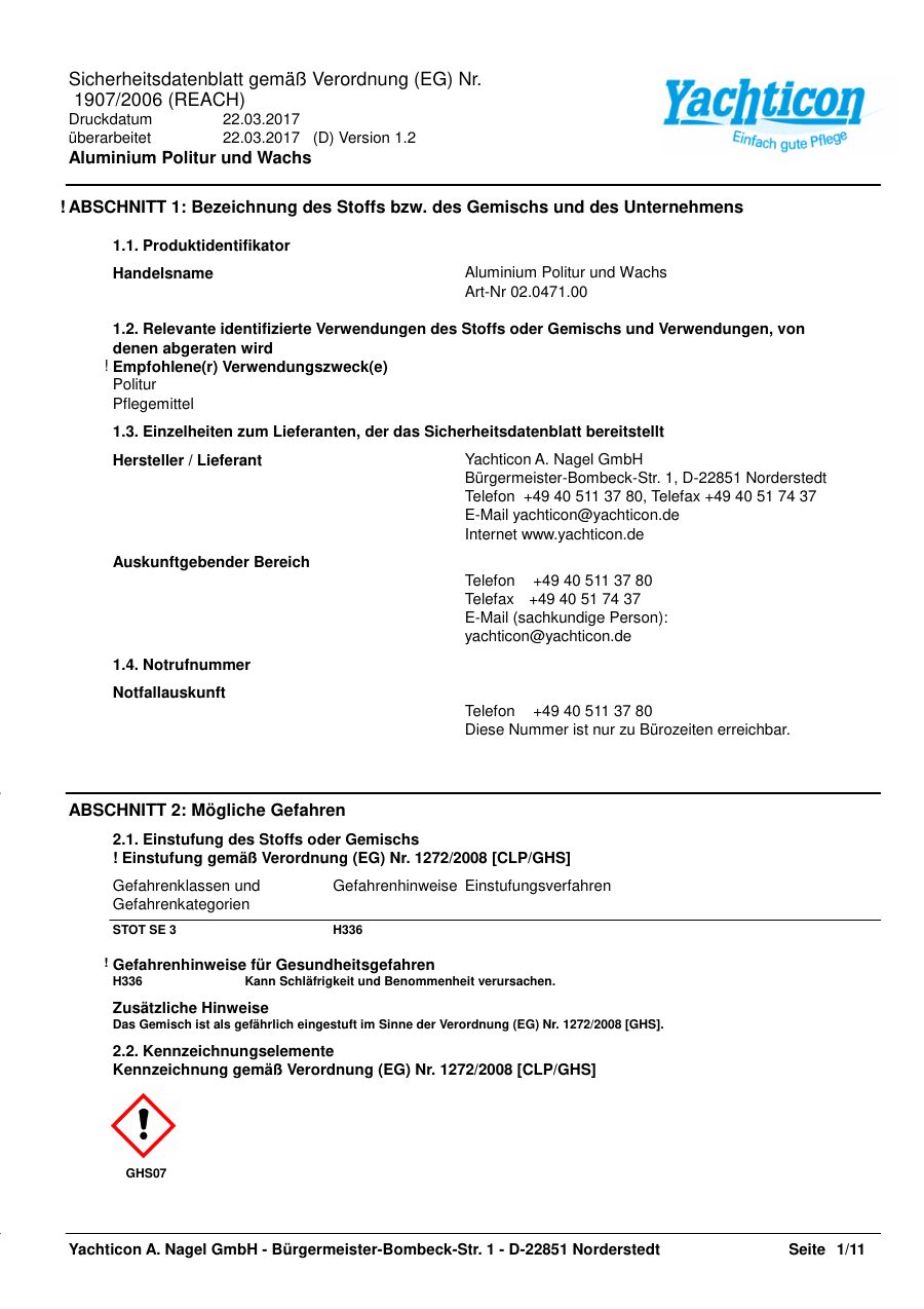 Titelseite Sicherheitsdatenblatt Aluminium Politur und Wachs (13-YALUP)