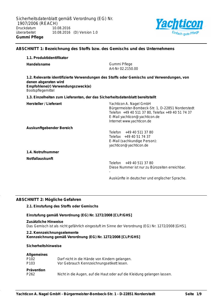 Titelseite Sicherheitsdatenblatt Gummi Pflege (13-YGUMMIPF)