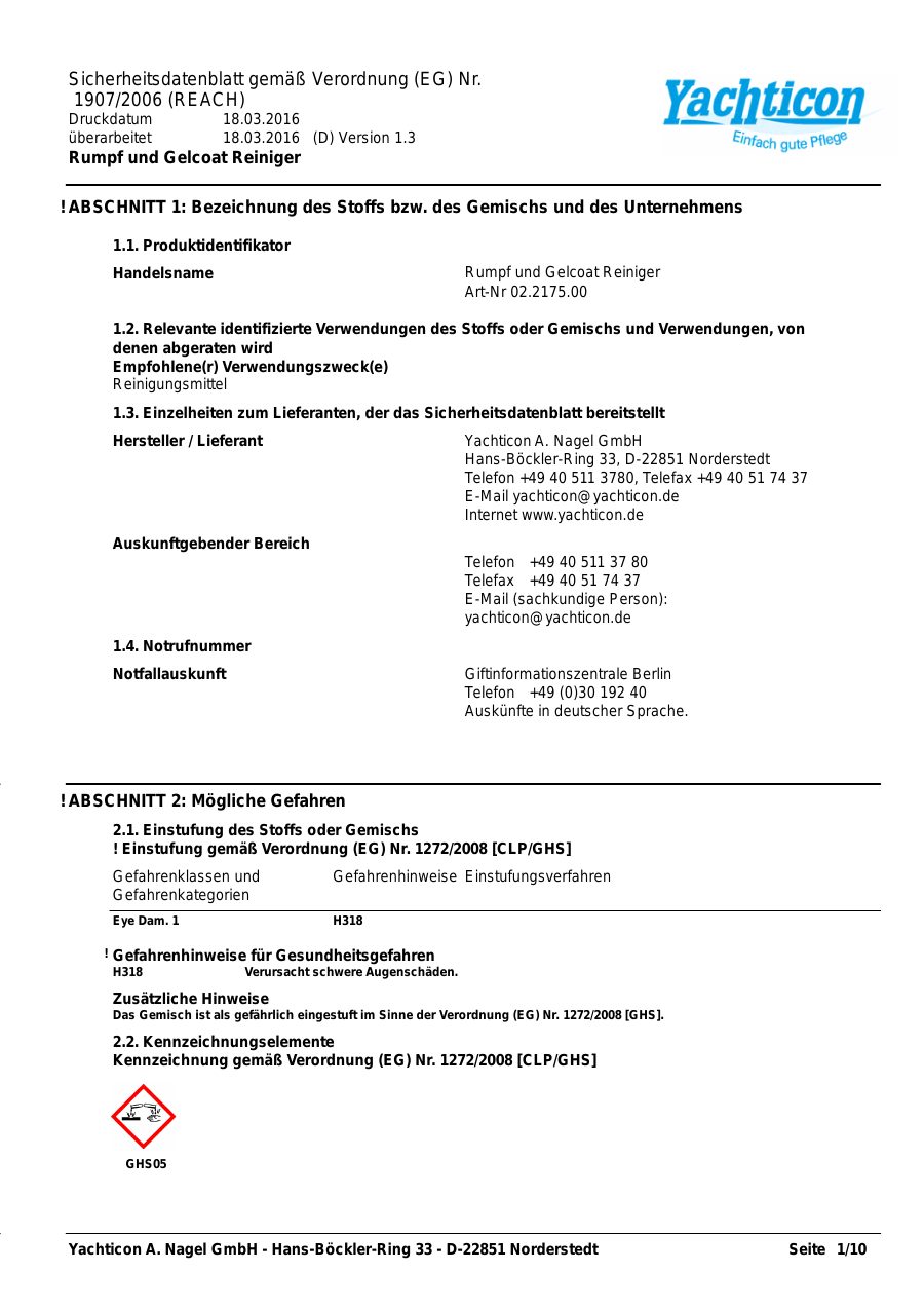 Titelseite Sicherheitsdatenblatt Rumpf und Gelcoat Reiniger (13-YRUMPF)