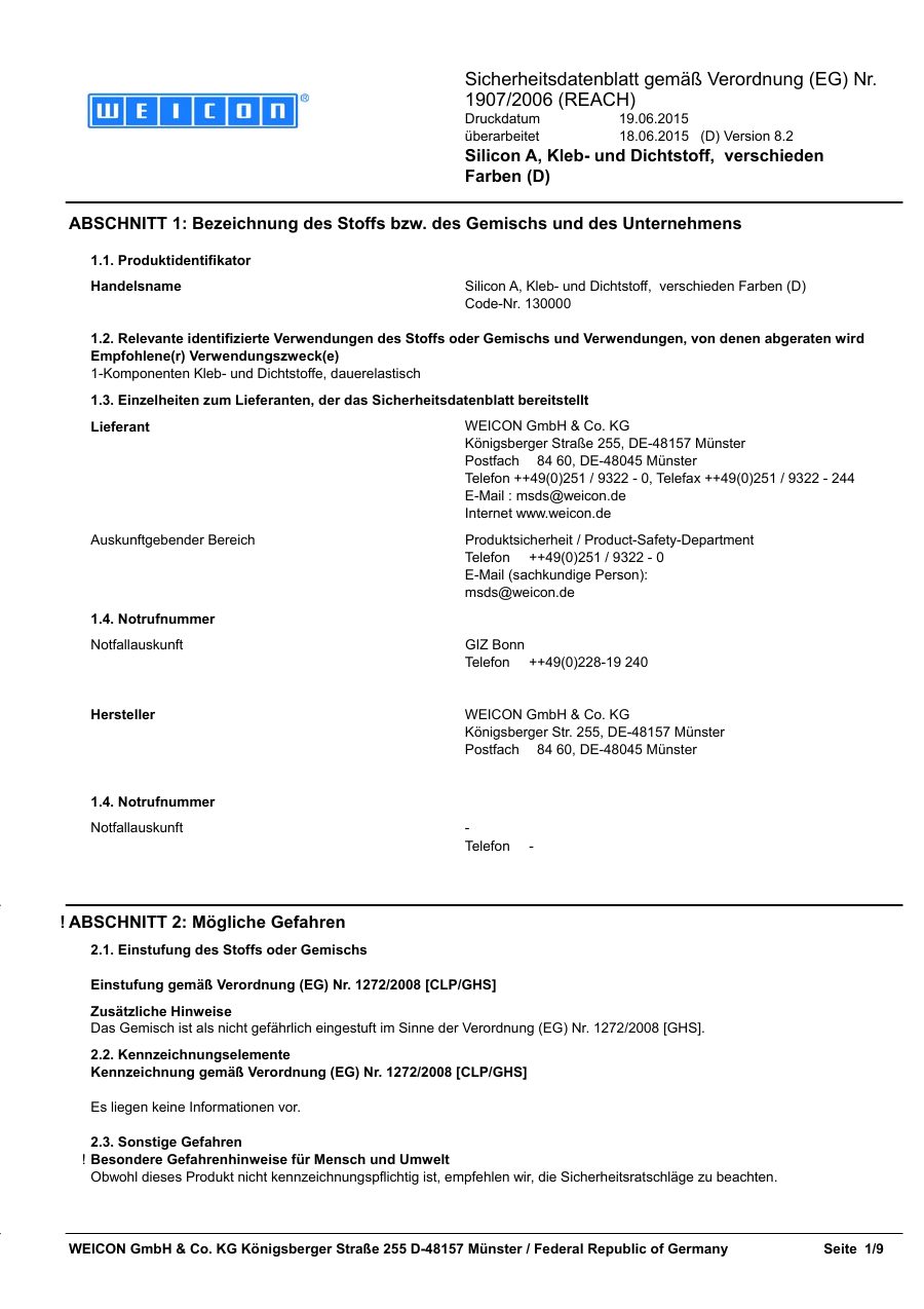 Titelseite Sicherheitsdatenblatt Silicon A, Kleb- und Dichtstoff, verschieden Farben (D) (13-YSILICOK)