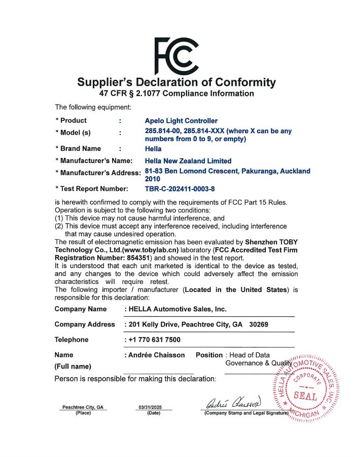 Titelseite Zertifikat Sonstiges FCC DoC 285 814 xxx Apelo Light Controller 202503 25