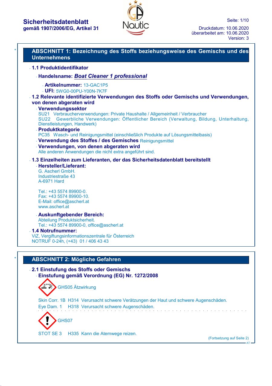 Titelseite Sicherheitsdatenblatt Boat Cleaner 1 professional