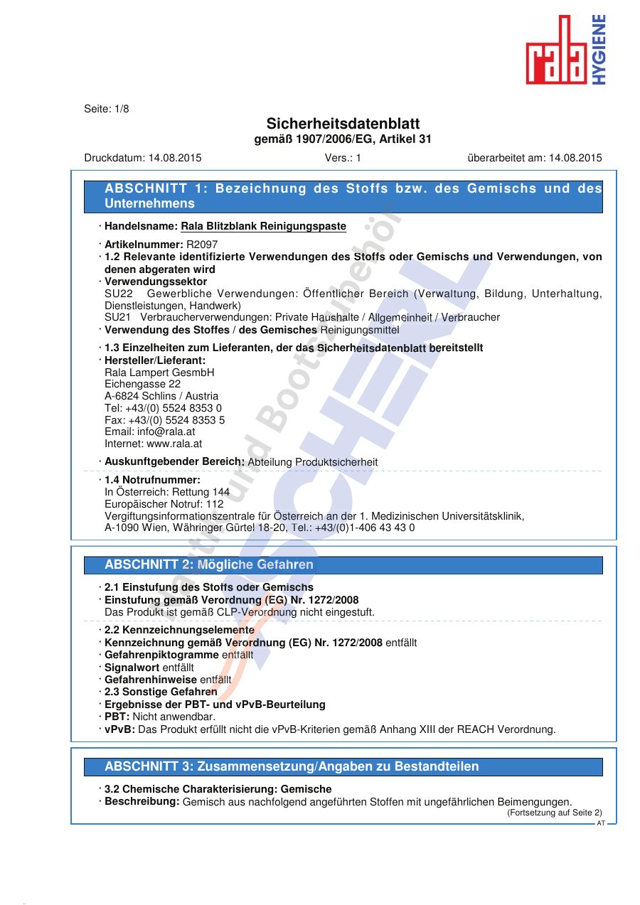 Titelseite Sicherheitsdatenblatt Rala Blitzblank Reinigungspaste (13-RALA2097)
